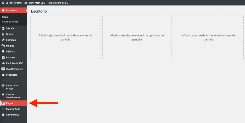 ocultar la pestaña Pagos del menú de WordPress