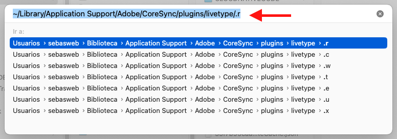 ruta completa fuentes ocultas adobe en Mac