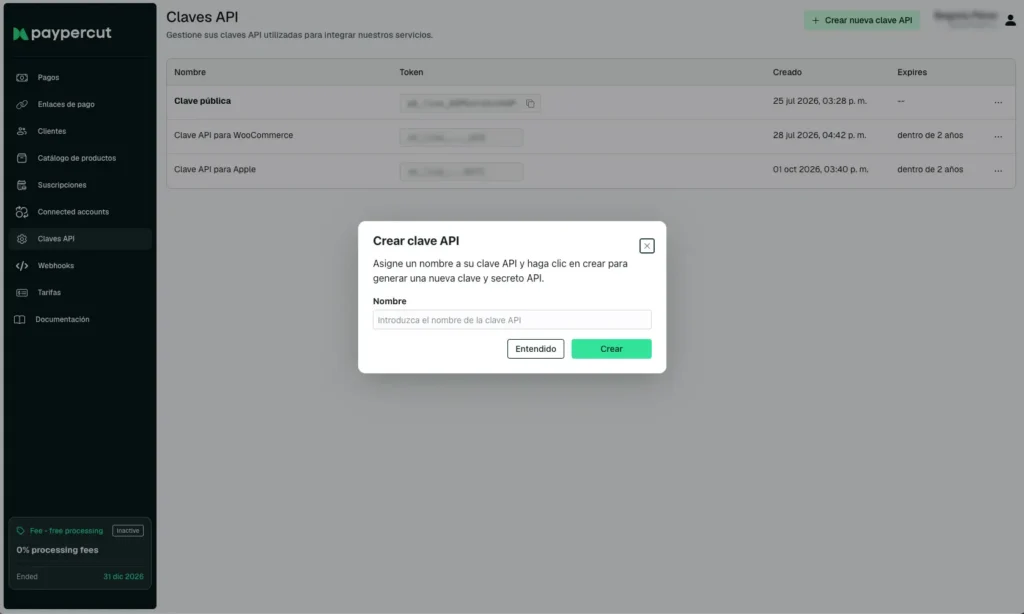 Panel de configuración de API Keys y Webhooks en la sección de Desarrolladores de Paypercut